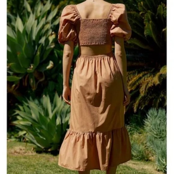 Anthropologie Faithfull 10 NWT Bloom Smocked Cut-Out Midi Dress Peasant Hazelnut - Picture 3 of 5